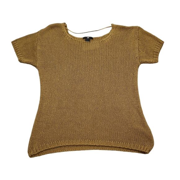 HM Sweater Womens XS Brown Short Sleeve Round Neck Open Knit Pullover Stretch - Picture 1 of 13